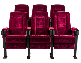 Obraz premium Five empty cinema seats upholstered in plush deep red velvet with dark armrests, meti