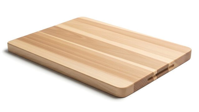 Wooden cutting board on white background for cooking, food prep and kitchen design concepts.