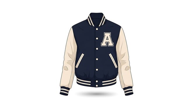Classic navy blue and cream varsity jacket with embroidered letter 'A'