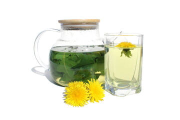 On a white background there is a glass transparent teapot with dandelion infusion.	