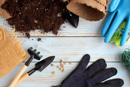 There is soil and accessories for seedlings on a wooden background.	