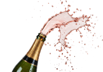 chilled, reflective champagne bottle with gold foil and condensation, violently erupting massive pink rosé sparkling wine splash, frozen in time on a high-key white studio background. concept for