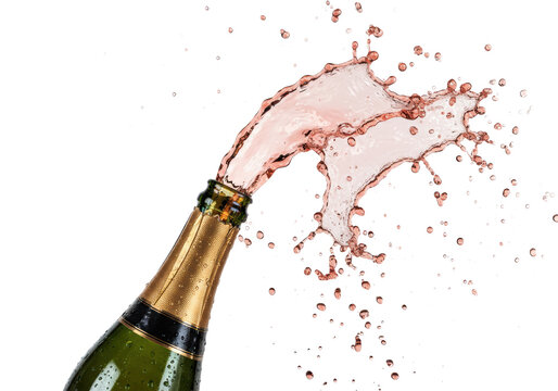 chilled, reflective champagne bottle with gold foil and condensation, violently erupting massive pink ros&eacute; sparkling wine splash, frozen in time on a high-key white studio background. concept for