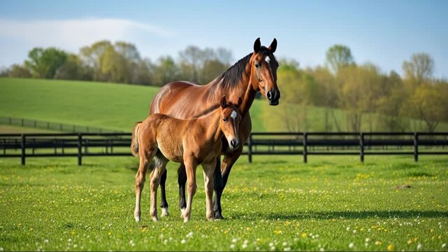 Grazing horses and foal in lush spring pasture with idyllic countryside backdrop