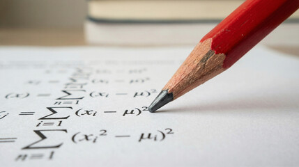 Mathematical Calculation: An up-close view reveals a pencil poised above a page filled with complex mathematical formulas. The scene evokes a sense of study, precision.