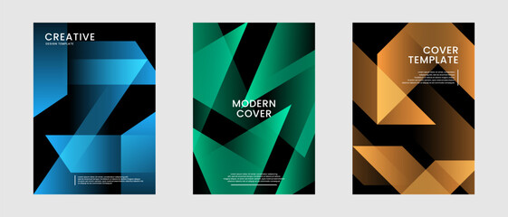 Minimal abstract covers set. Colorful polygonal shapes background bundle with glowing decoration on dark space. Modern graphic design element vibrant colors concept for web, art, card, or brochure
