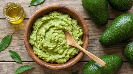 Avocado and guacamole on a wooden surface culinary close up healthy food concept