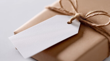 Brown gift box tied with twine and a blank white tag for personalization