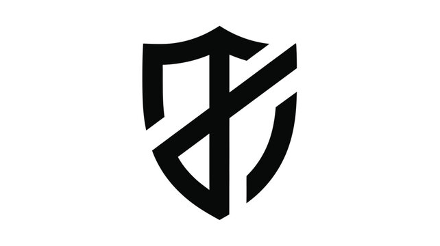 Abstract shield design with bold lines and a striking black silhouette
