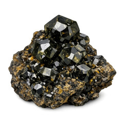 Andradite garnet crystal isolated on a transparent background. High-quality gemstone mineral with dark green to black faceted crystals, suitable for jewelry design, geology, mineralogy, education, and