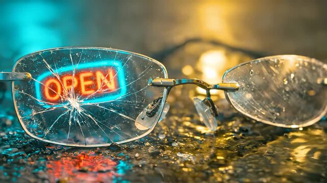 Cracked Glasses on Rain Soaked Street Reflecting Neon Open Sign Creating Gritty Urban Mood with Cinematic Light and Shadow