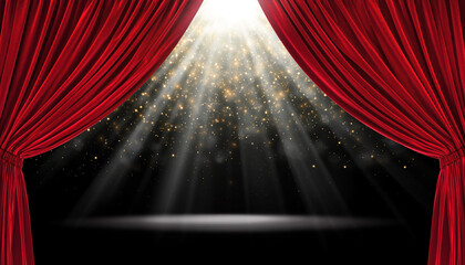 Red stage curtains with bright spotlight and sparkles　スポットライトと光の粒子が輝く赤いステージ幕　デジタルイラスト