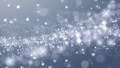 White glowing hearts and glitter on blue background　青い背景に輝く白いハートと光の粒子の背景素材　デジタルイラスト