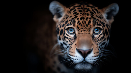 Obraz premium Intense close-up portrait of a jaguar with striking blue eyes against a dark background