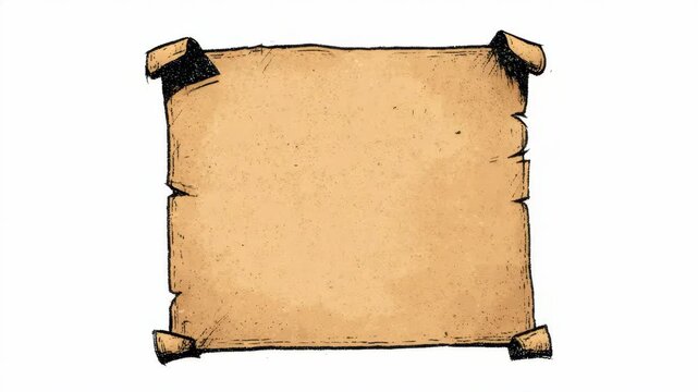 Ancient parchment paper with curled corners and vintage texture in hand-drawn style on white background, concept of antique document design