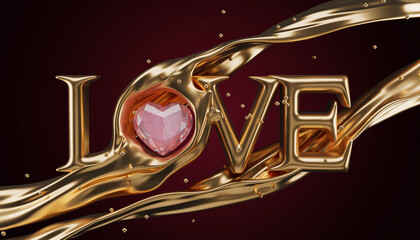 Golden LOVE text with pink crystal heart and liquid　ピンクの宝石のハートと金の流体のLOVEロゴ背景デジタルイラスト