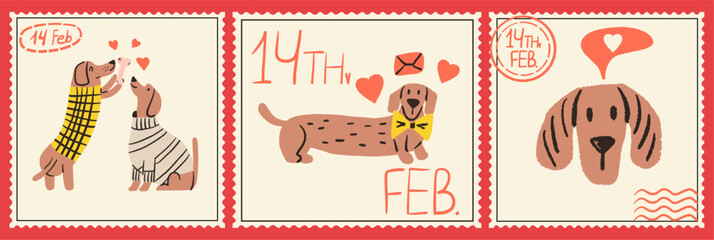 Adorable hand-drawn Valentine's day postage stamps  set with cute dachshund dogs, romantic hearts  and envelopes. Greeting cards for february 14. Vector romantic design