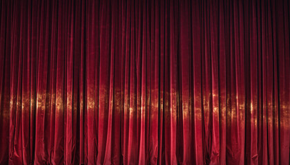 Red velvet stage curtain with golden light reflections　金色の光が反射する赤いベルベットのステージ幕