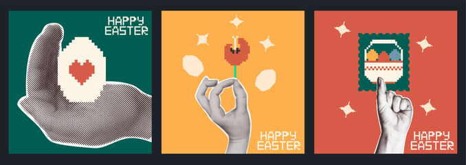 Retro collage set. Halftone hands holding digital pixel art Easter eggs and baskets and tulip. Vintage design for festive greeting cards and holiday marketing banners