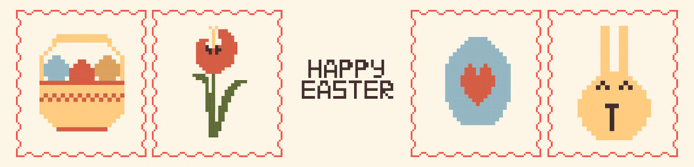 Obraz premium Retro pixel art Happy Easter stamps set. Festive spring banner and holiday design elements