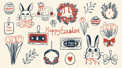 Happy Easter vintage doodle collection. Retro hand-drawn bunnies and decorated eggs, and tulip bouquets. Nostalgic cassette tapes, wreaths, and spring floral elements. 