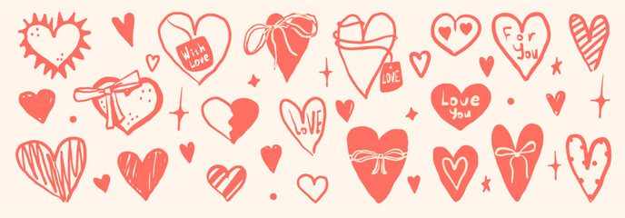 Hand drawn doodle set in retro style. Different scribble hearts. Valentine's day romantic collection