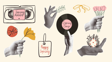 Retro spring collage concept. Halftone hands and vintage elements, VHS tape, vinyl record and paper tag. Hand-drawn flowers, ribbon bow and polka-dot egg.