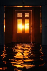 Open door glowing with sunset light and water reflections inside, AI-generated.