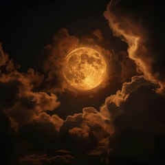 Glowing full moon surrounded by dramatic dark clouds at night, AI-generated.