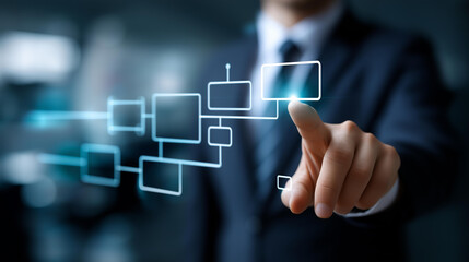 Business process workflow automation with flowchart faceless businessman background organizational management operational control corporate efficiency defocused setting with