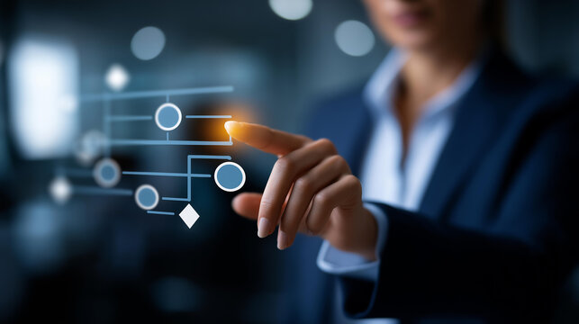 Business process workflow automation with flowchart faceless businessman background organizational management operational control corporate efficiency defocused setting with - Powered by Adobe