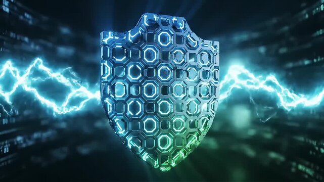 Futuristic digital shield icon glowing with neon blue light against a dark background of binary code representing cybersecurity and data protection concepts