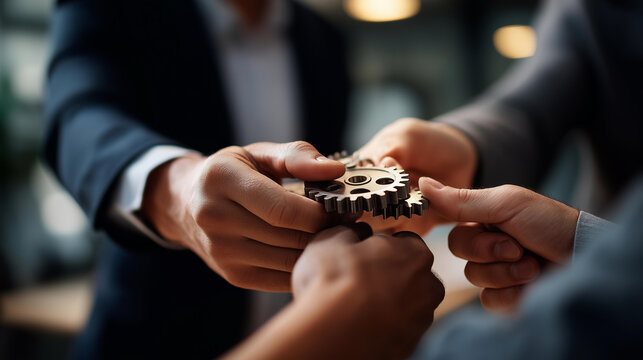 Faceless hands unite over gears symbolize teamwork management strategies modern business context emphasizing innovation collaborative processes achieving goals cooperation