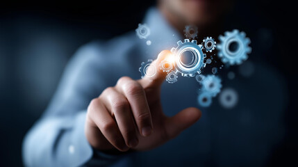 Faceless businessman hand working virtual innovation operations management involving business process problem solving workflow monitoring evaluation quality control