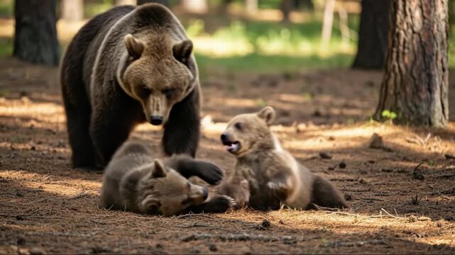 Playful bear cubs frolic under watchful mother in forest clearing