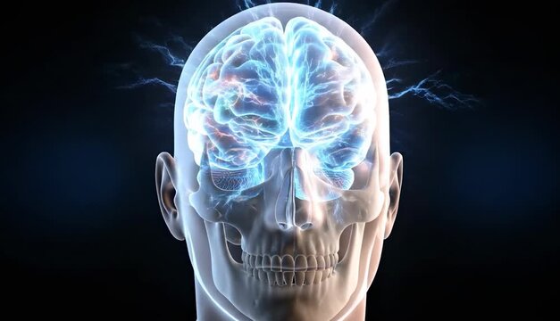 3D graphic model of human head with highlighted brain, brain health concept and human anatomy illustration