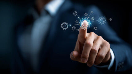 Business process management workflow automation diagram gears icons connection line network background faceless manager touching interface organizational control