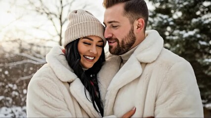 Affectionate winter couple embrace outdoors in scenic snowy landscape