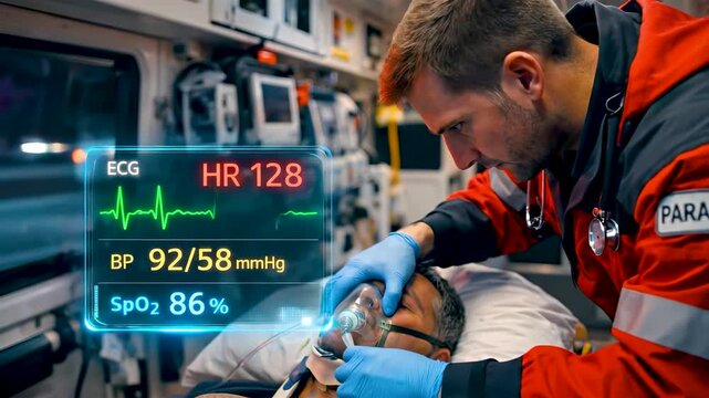 Paramedic Monitoring Patient Vital Signs with Augmented Reality Medical Display Inside Moving Ambulance at Night Emergency Call