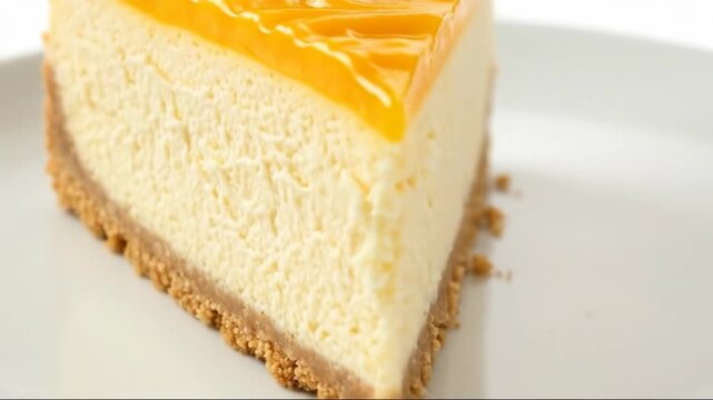 Mouthwatering mango cheesecake slice with mint on white plate rotating deliciously