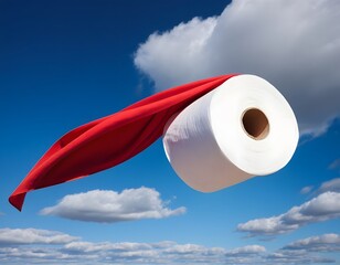 Super Toilet Paper Roll Wearing Red Cape Flying in Sky