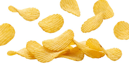 Golden Ruffled Potato Chips Falling and Piling Up, a Delicious Crunchy Snack for Advertising, isolated on transparent background.