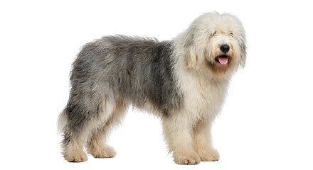 Fluffy Old English Sheepdog with a shaggy gray and white coat, standing gracefully with an open mouth, a charming purebred pet ideal for design, isolated on transparent background.