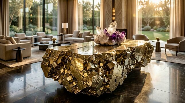 Modern home interior with large luxury mineral iron pyrite kitchen island with amethyst crystal cluster and natural light during late afternoon
