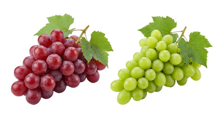 Fresh Red and Green Grapes Bunches with Vibrant Leaves and Water Drops, perfect for healthy eating, isolated on transparent background.