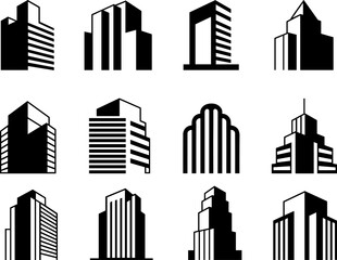 Obraz premium Twelve black and white of modern skyscrapers building architecture city