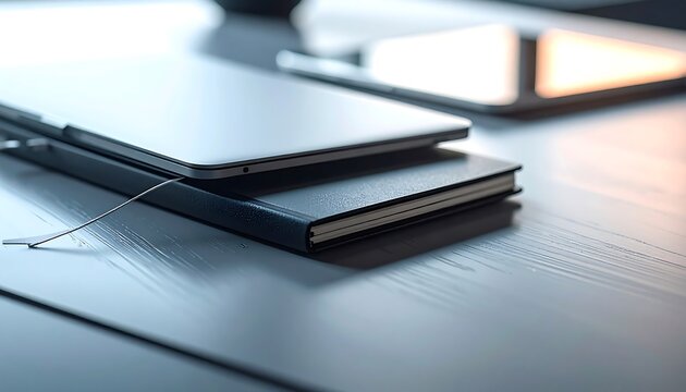 Contemporary Workspace: Modern technology and organized planning converge in a sleek workspace, featuring a laptop, notebook, and a tablet arranged on a wooden table. - Powered by Adobe