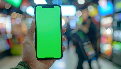 Digital Canvas: A person holds a mobile device with a vibrant green screen, providing an open space for information or creative expression, in a public area setting.