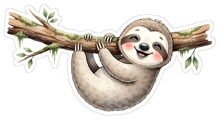 Fototapeta premium Cute cartoon sloth hanging on a tree branch sticker illustration isolated on white background 