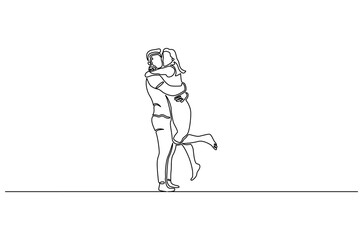 Fototapeta premium Continuous one line drawing of Husband hugging wife. Single line drawing illustration of International Hugging day. Man embrace for comfort concept vector art. Doodle line illustration.
